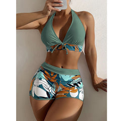 Women's Paneled Printed Swimsuit Ladies Split Boxer Swimsuit Two-Piece Set