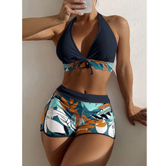 Women's Paneled Printed Swimsuit Ladies Split Boxer Swimsuit Two-Piece Set