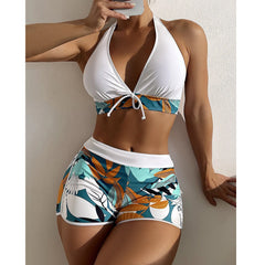 Women's Paneled Printed Swimsuit Ladies Split Boxer Swimsuit Two-Piece Set