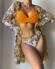 3 Pieces Bikinis Set Women Floral Print Push Up Swimsuit