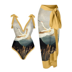 2 Piece Women's Beach Swimsuit Long Apron Wrap Shawl One Piece Swimsuit
