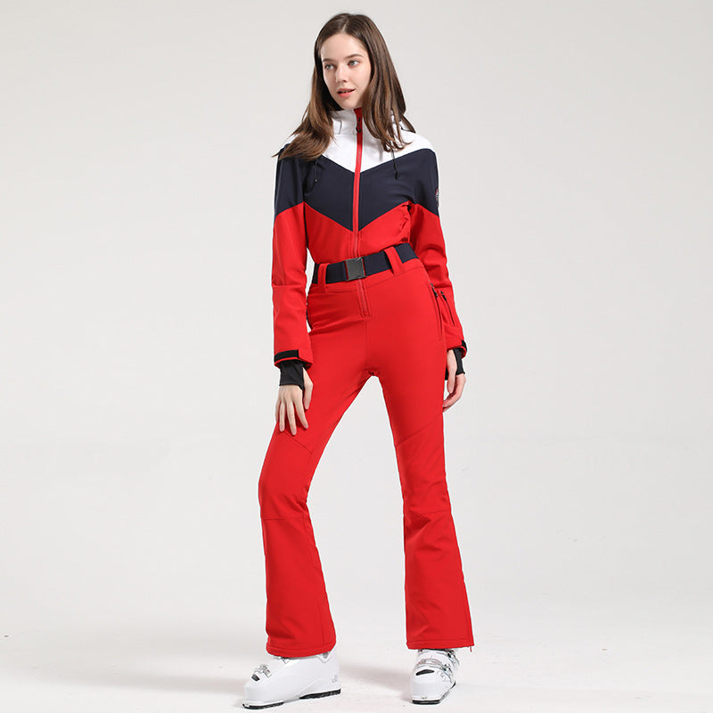 MARKERWAY Women's Retro Belted Color-Blocked Flare Ski Suit