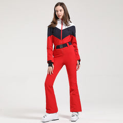 MARKERWAY Women's Retro Belted Color-Blocked Flare Ski Suit