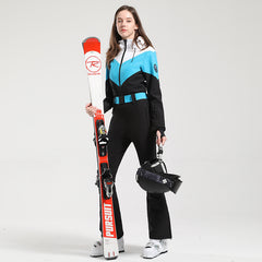 MARKERWAY Women's Retro Belted Color-Blocked Flare Ski Suit