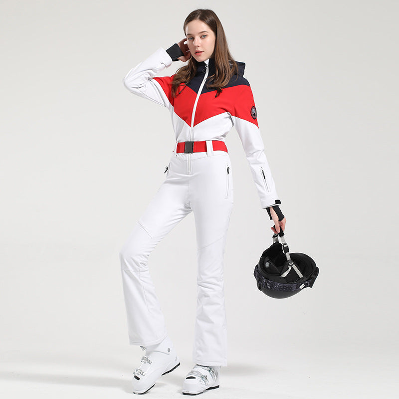 MARKERWAY Women's Retro Belted Color-Blocked Flare Ski Suit