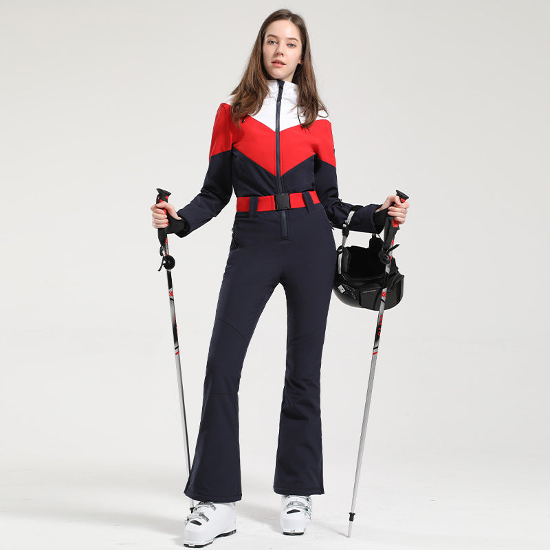 MARKERWAY Women's Retro Belted Color-Blocked Flare Ski Suit