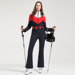 MARKERWAY Women's Retro Belted Color-Blocked Flare Ski Suit