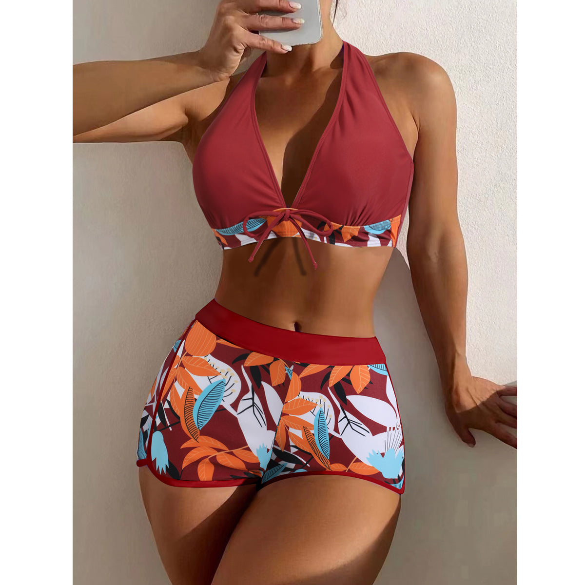 Women's Paneled Printed Swimsuit Ladies Split Boxer Swimsuit Two-Piece Set
