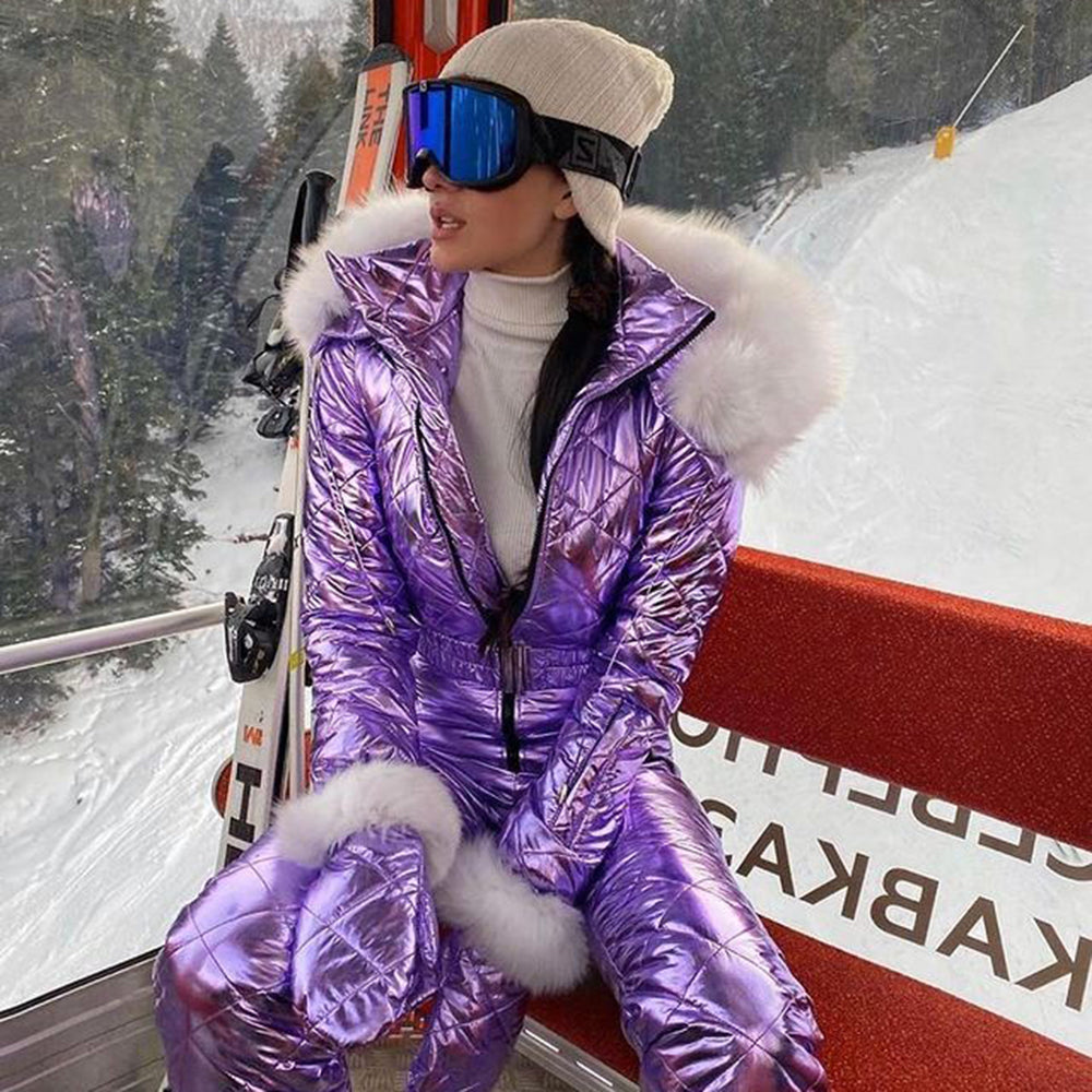 New Shiny Silver Gold One-Piece Ski Suit Women Winter Windproof Skiing  Jumpsuit Snowboarding Suit Female