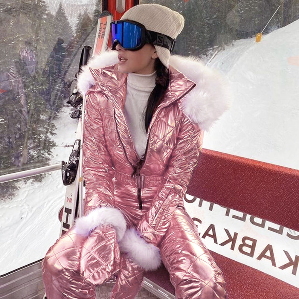 One Piece Ski Suit Women Thicken Snowsuit Zipper Winter Sports Windproof  Rain Fur Collar Jumpsuit Coat at  Women’s Clothing store